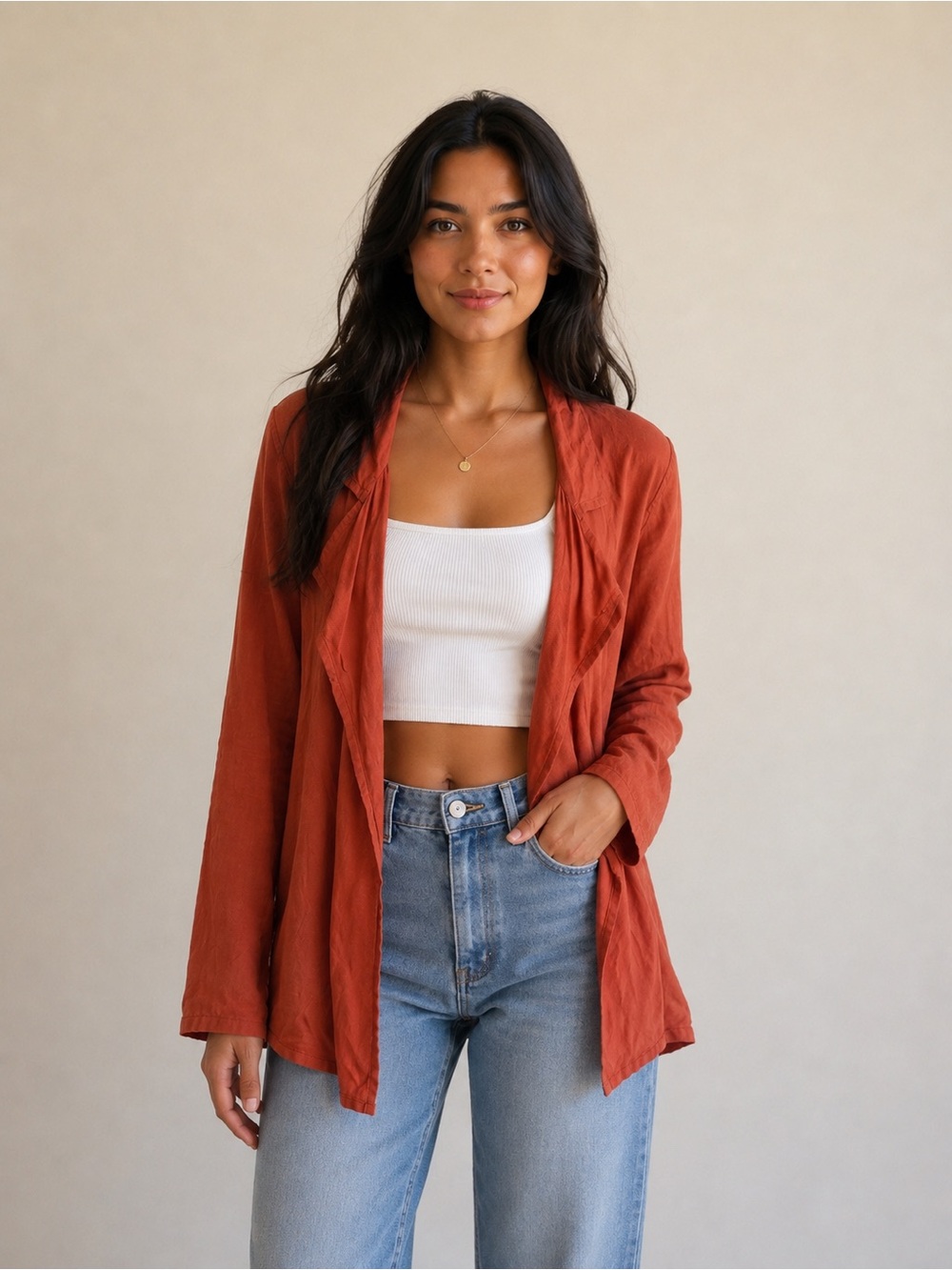 Rust Open-Front Lightweight Linen Blend Blazer